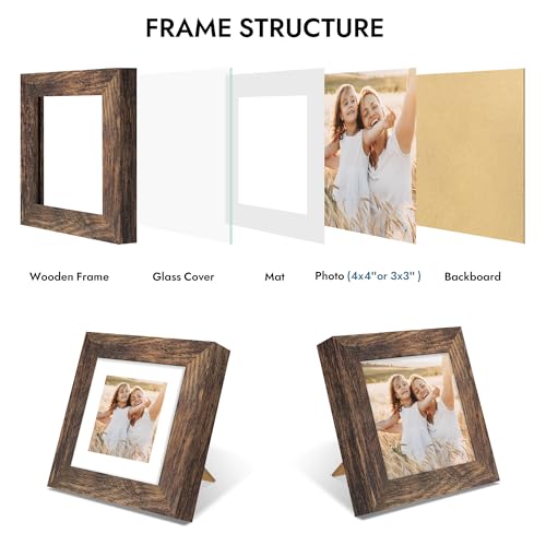 Hongkee 4x4 Picture Frame with Real Glass Wood Frame, 1 Pack (with Mat 3x3) - color: Rustic Brown, size: 4X4 in