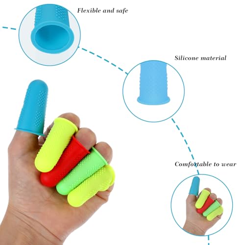 12 PCS Silicone Finger Protectors Covers, 3 Sizes Rubber Finger Tips Office Thumb Guard Sleeves Fingers Thimbles Cots for Hand Sewing Hot Glue Embroidery Cutting Ironing (Yellow Red Blue Green)