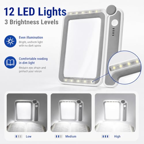 TECHSHARE 4X Rechargeable Magnifying Glass with Light, Large Rectangular Glass Lens, 10 LEDs, 3 Brightness Levels, USB-C Foldable Magnifier for Reading Books, Bible, Small Print, Seniors