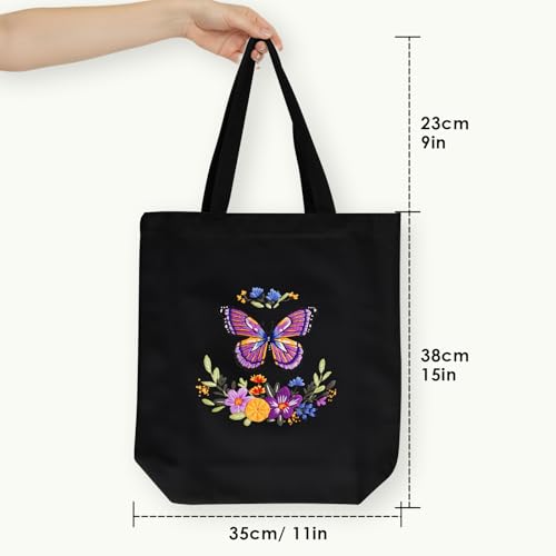 ERKOON Canvas Tote Bag Embroidery Kit for Beginners, Needlepoint Arts Crafts Cross Stitch Kits for Adults Including Stamped Embroidery Bag with Hoops, Needle, Instruction and Color Threads (Butterfly) - color: Butterfly-Black