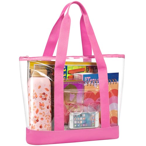 Handy Laundry Clear Tote Bag - Zipper Closure, Long Shoulder Strap, Fabric Trimming. - color: Pink