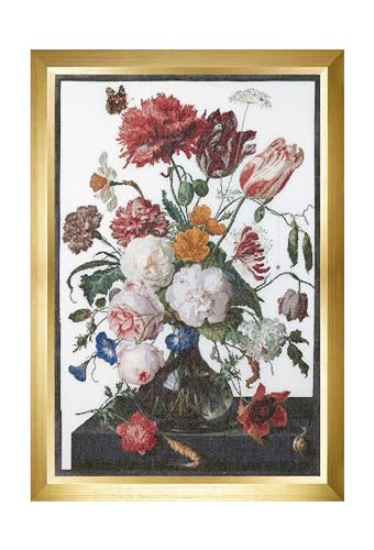 Thea Gouverneur - Counted Cross Stitch Kit - Still Life with Flowers in a Glass Vase - Linen - 36 Count - for Adults - DMC Embroidery Threads and Other Cross Stitch Supplies Included - 785 - color: 785 Linen
