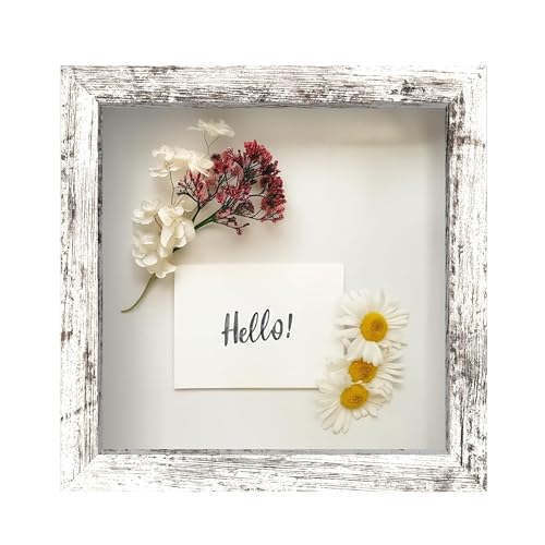 FrameWorks 8x8 Driftwood Wooden Shadow Box Frame – Soft Felt Back, Tempered Glass, and Included Elegant White Ball Push Pins - color: White Driftwood, size: 8"x8"