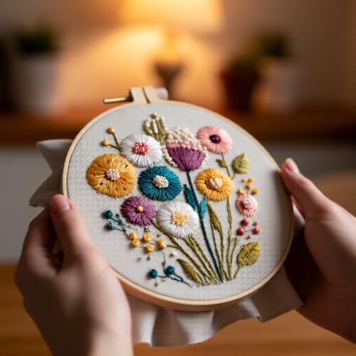 JJFox Embroidery Kit for Beginners and Adults, DIY Hand Embroidery Starter Kit with Cute Pattern, Cross Stitch Needlepoint Set with Hoop, Threads and Instructions (Flower) - color: Flower