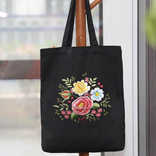 KABAKE Canvas Tote Bag Embroidery Kit - Embroidery Kits for Beginners Combo with Tools - Black Floral Bag Include Stamped Bag, Threads & Tools - color: Black Bag with Floral 2
