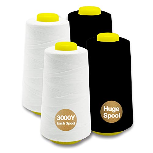 White Black Serger Thread, All-Purpose Thread for Sewing, Polyester, 4 Cones of 3000 Yards Each Spool for Sewing Machine - color: 2 white 2 black