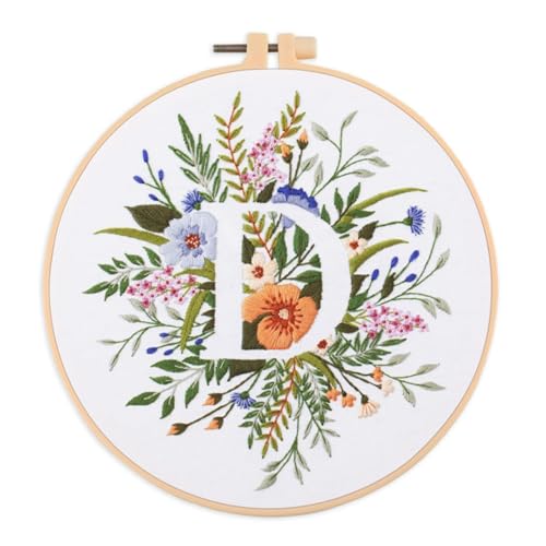 IUHUI Embroidery Kit for Beginners Adults - 26 Floral Letters Easy Patterns, DIY Hand Stitching Embroidery Set with Hoop (Flower and Grass Letter D) - color: Flower and Grass Letter D