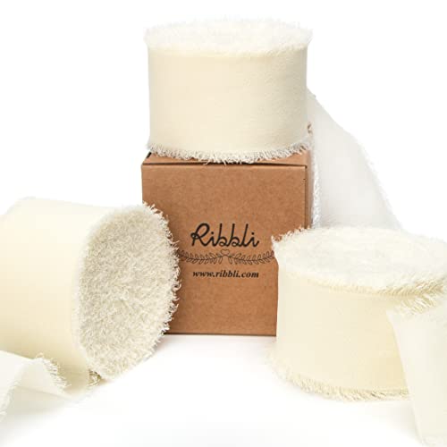 Ribbli Ivory Chiffon Ribbon 1-1/2 inch x 30 Yard Handmade Fringe Chiffon Ivory Silk Ribbon,Cream Ribbon for Wedding Invitations, Bridal Bouquets Wrapping, Flower Arrangement Decoration - color: Ivory