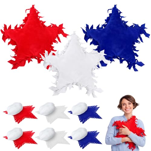 Weysat 6 Sets Patriotic Star Fleece Tied DIY Pillow Craft Kits Independence Day USA 4th of July Red White Blue 250th Fleece Tied Pillow Craft for Fourth of July Memorial Day Party Favor - style: Patriotic