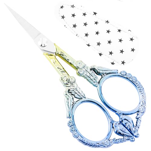 Crochet Scissors with Cover – Blue Gold Vintage Small Embroidery Scissors, Sharp Craft Scissors for Yarn Thread Sewing Needlework, Cute Bird Design Gift for Crocheter Quilter, 4.5 Inch - color: Yellow Blue