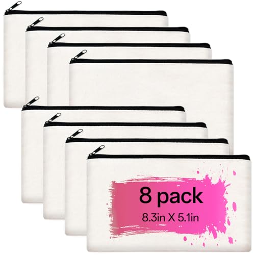 ZeeDix Small Canvas Zipper Pouch for Makeup Pencil Travel Storage 8.3x5 In - color: White, style: 8 Pcs