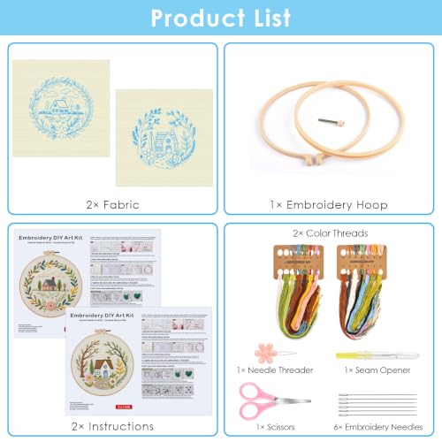 ERKOON Embroidery Kit for Adult Beginners, 2 Set Floral Cross Stitch Set Include Embroidery Cloth Hoops Threads for Craft Lover Hand Stitch with Embroidery Skill Techniques (Flower Cottage) - color: Flower Cottage