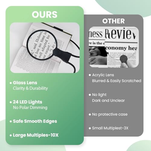 Hands Free Magnifying Glass with Light for Reading, 10X Neck Magnifying Glass with Light for Close Work with Real Glass Lens, Flexible Gooseneck Large Magnifier for Low Vision Elderly, Seniors