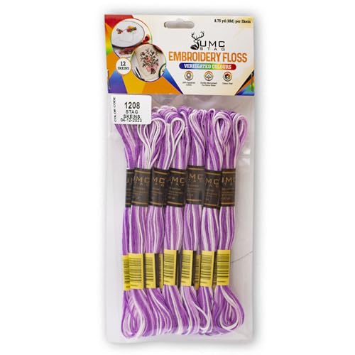 Pack of 12 Premium Embroidery Thread | 100% Egyptian Cotton Premium Skeins | Cross Stitch Embroidery Floss | Oeko TEX Certified | Ideal for Arts & Crafts (Light Purple Variegated 1208) - color: Light Purple Variegated 1208
