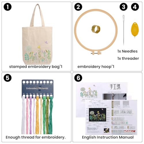 CREAWONDER Canvas Tote Bag Embroidery Kit with Pattern for Beginners, Arts and DIY Embroidery Crafts Kits for Adults, Include Instructions, Embroidery Hoops, Color Threads and Tool - color: CR002 banmeng white