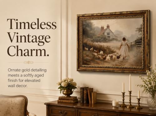 Vintage Gold Framed Farmhouse Wall Art Retro Country Farm Girl with Chicken Canvas Wall Decor Rustic Pastoral Scenery Painting Picture Artwork for Living Room Bedroom Home Decor - color: Chicken Coop, size: 24"L x 16"W