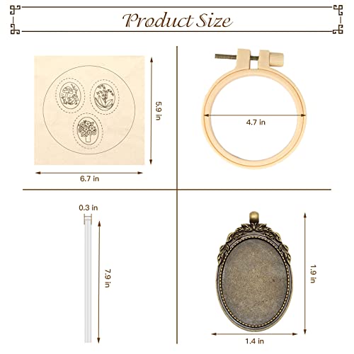 ZOCONE 3 Packs Embroidery Necklace Kit, Embroidery Pendant Kits Mini Cross Stitch Kit with Hoop, Necklace, Pendant, Beads, Stamped Pattern Cloth, Instructions, etc., Embroidery Kits for Adults - color: Gold Beads-F