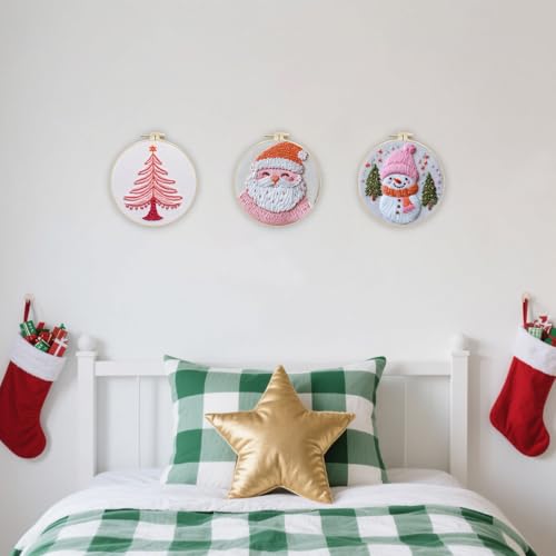 LB Pink Christmas Embroidery Kit for Beginners Adults, 3 Sets Hand Embroidery Starter Kit with Santa Pattern and Instructions Stamped Cross Stitch Kits Include Embroidery Hoop Needles Threads Scissors - color: Green White