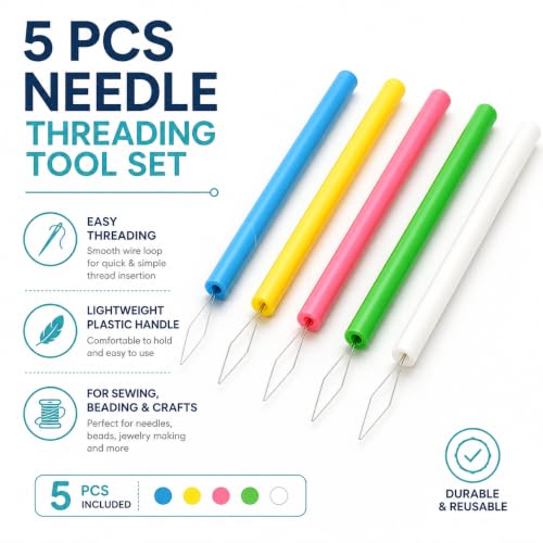 5Pcs Needle Threading Tool Set, Easy Threading Guide for Sewing, Plastic Threader for Elderly, Beading and Handcraft Accessories