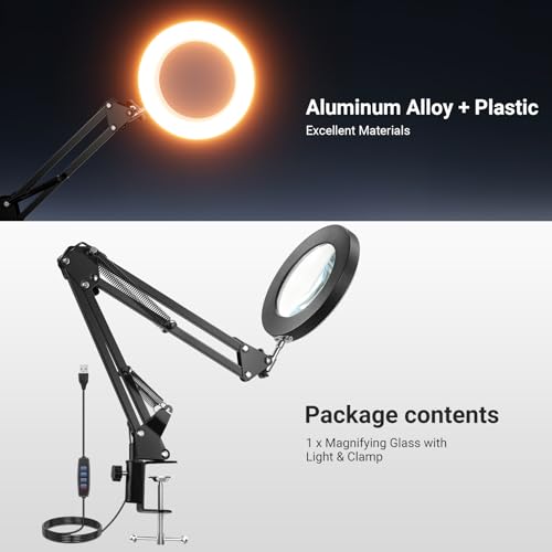 NEEWER Entry Level Version 10X Magnifying Glass with Light & Clamp Stand, 6.3" Bi Color Dimmable Magnifier Lamp LED Ring Light CRI80+ for Desk Crafting Reading Close up Work, N19 - style: N19