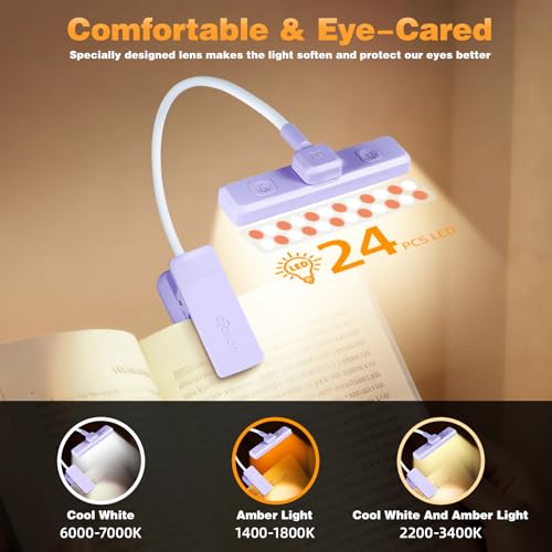 VAVOFO 24 LEDs Rotatable Book Light, Rechargeable Clip Reading Lamp Purple - color: Purple
