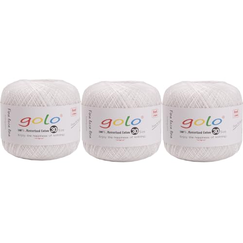 golo 3 Balls Crochet Thread Size 30 Embroidery Thread Yarn for Hand Kniting Yarn for Tatting 520 - color: 000-520 White