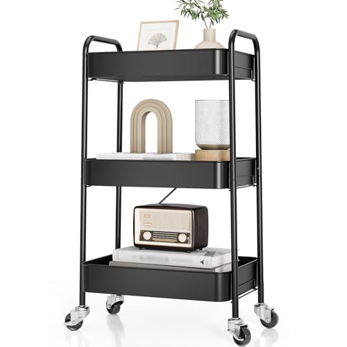 TOOLF 3 Tier Metal Rolling Cart, Utility Storage Cart with Wheels, Black - color: Black, size: 3-Tier