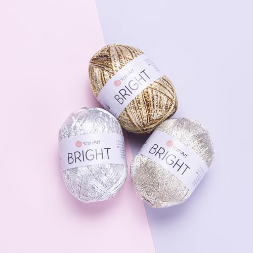 YarnArt Bright Metallic Glitter Yarn – 80% Polyamide 20% Metallic Polyester, 90g 340m, Soft Sparkle Fiber for Crochet, Lace, Summer Tops & Accessories – 4 mm Needle & Hook (120, Light Gold) - color: 120, Light Gold