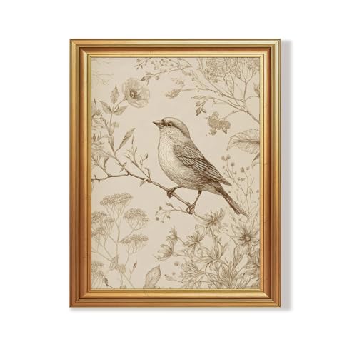 Wojuin Antique Style Sparrow Floral Etching Framed Canvas Wall Art 8x10 in - color: Sparrow, size: 10"L x 8"W