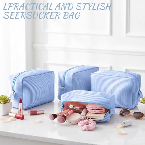 Sanwuta 3 Pcs Seersucker Makeup Bags Seersucker Cosmetic Bags Striped Women Large Travel Toiletry Organizer Preppy Storage Pouch for Embroidery Wedding Bridesmaid Gifts(Light Blue) - color: Light Blue