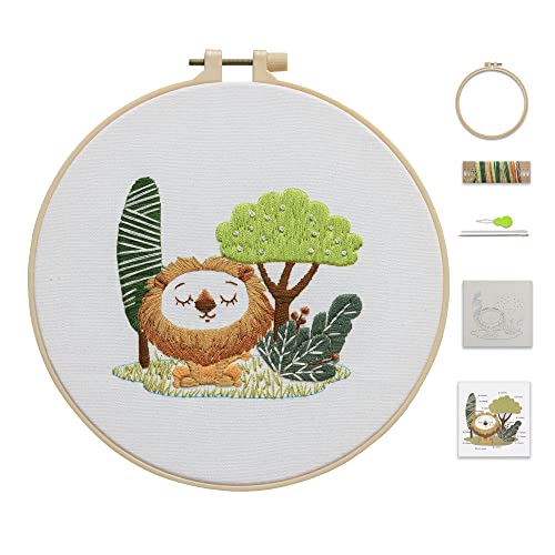 Ebherys Level 1 Embroidery Kits for Beginners and Adults, Different Animals Pattern, 1set as a Pack, inculde 1 Hoop, Instruction and Enough Threads, Easy and Basic Stitches (Lion) - color: Lion