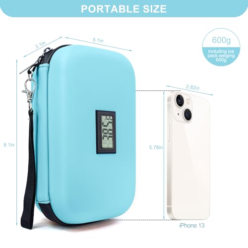 Insulin Cooler Travel Case TSA Approved 2*180g Ice Pack,Temp Display - color: Light Blue