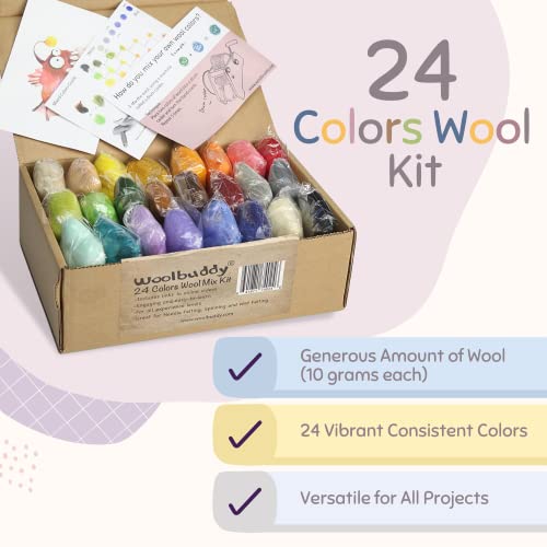 Woolbuddy Wool Roving Set for Needle Felting, 24 Colors Merino Wool Kit - color: 24 Wool Kit