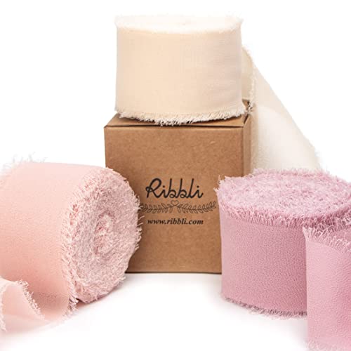 Ribbli Chiffon Silk Ribbon, 1.5 inch x 30 Yard, Champagne/Blush Pink/Dusty Rose Fringe Chiffon Ribbon for Wedding Invitations, Bridal Bouquets Wrapping, Flower Arrangement Decoration - color: Nude/Blush Pink/Dusty Rose