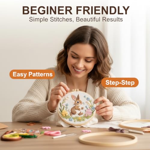 PALUPJEF Rabbit Embroidery Kits for Beginners, Cross Stitch Kits for Adults Easy Needlepoint Kits for Adults with Funny Animal Pattern,DIY Needlepoint Embroidery Starter Kit with Instructions