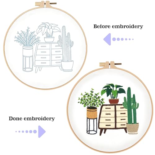 spicssa 2026 New Embroidery Set, Embroidery Kit for Beginners, Hand Needlepoint Kits for Adults with Pre-Stamped Patterns, 7.8-Inch Hoop, Threads & Needles, Step by Step Instructions - color: green plants C