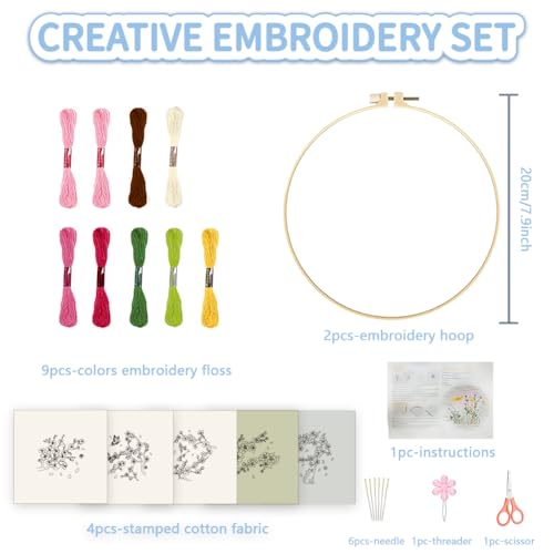 FREEBLOSS 5 Set 8'' Cherry Blossom Embroidery Kit Cross Stitch Kit with Stamped Cherry Pattern Cherry Embroidery Kit for Beginners Instructions Included Embroidery Starter Kit for Adults