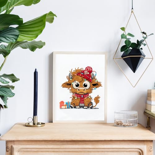 Christmas Highland Cow Embroidery Kit for Beginners Adults Easy Embroidery Starter Kit Highland Cow Christmas Hat Cross Stitch Kits Embroiderys Hoop Needlepoint Kits with Instruction Needles Thread - color: Christmas Highland Cow