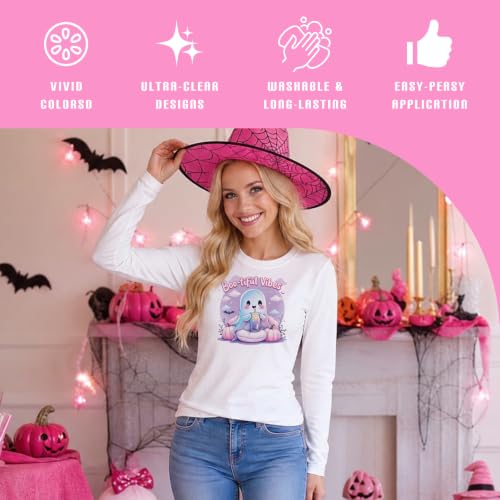 Dazoratix Halloween Iron on Transfers - 24 Sheets Cute Ghost DTF Ready to Press Boo Skull Pumpkin Heat Patches Candy Cat Stickers Vinyl Decals for T Shirts Clothing Pillow Bags DIY Crafts Decorations - style: Cute Halloween