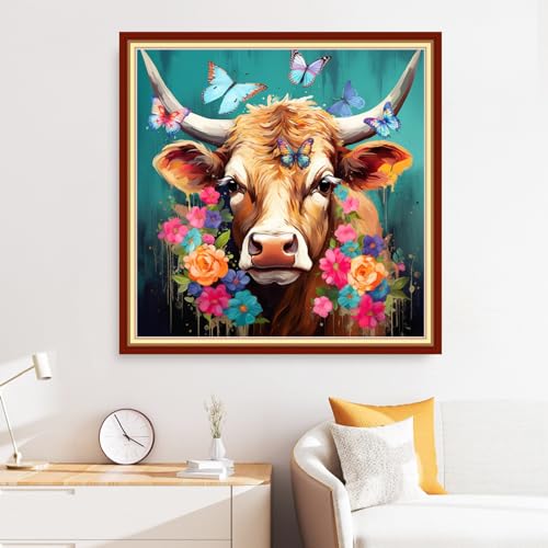 Disxvivy Cross Stitch Stamped Full Embroidery Kits DIY 11CT Cotton Thread Printed DIY Needlepoint Kits Craft Needlework Set Cross-Stitch Stamped Sets-Colored Cow Flower 18x18 inch - color: Artstyle13