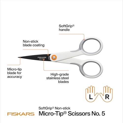 Fiskars 5" Non-Stick Micro-Tip Scissors for Sticky Materials, No. 5, White - size: 5”, style: Non-Stick
