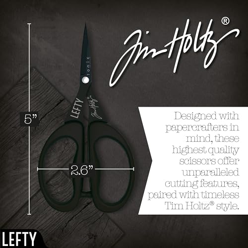 Tim Holtz Left Handed Scissors - 5 Inch Mini Snips with Micro Serrated Blade - Lefty Craft Tool for Cutting Paper, Fabric, and Sewing - Titanium with Black Comfort Grip Handles - size: 5" Left Handed