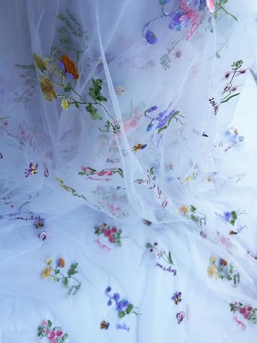 Elegant White Lace Fabric Tulle Fabric by Yard Colorful Floral Embroidery, 35x51in - Soft Tulle for DIY Dresses & Wedding Gowns, Hand Wash Only (White, 3 Yard（105 x51in）) - color: White, size: 3 yard（105 x51in）