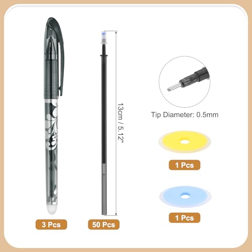 PATIKIL 3Pack Erasable Gel Pens with 50 Refills & 2 Erasers, 0.5mm Heat Erasable Pens for Fabric Black Ink Fabric Markers for Sewing Quilting Planner Writing - color: Black