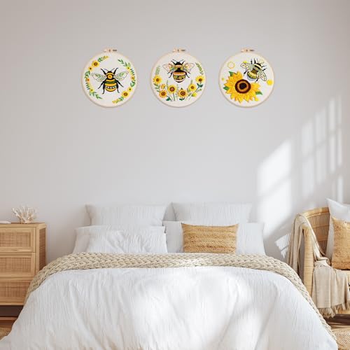 Nuberlic 3 Pack Embroidery Kit for Beginners with Bee Pattern - color: BEE