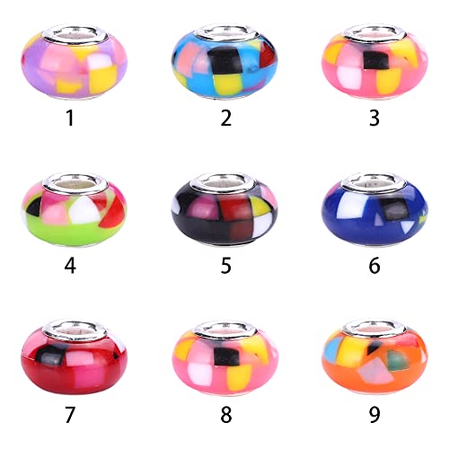 100 Pieces 14mm European Large Hole Spacer Beads Mix Color with Silver Brass Cores Assortments Charm Lampwork Beads Supplies for Necklace Bracelets Jewelry Making (Mosaic Beads) - color: Mosaic beads