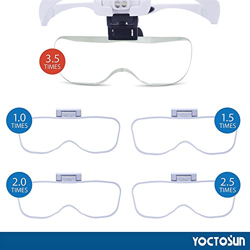 YOCTOSUN Magnifying Glasses with Light, LED Head Magnifier with 5 Lenses, Headband, Storage Case, Hands Free Lighted Head Magnifying Visor for Close Work Hobby Crafts - style: Head Magnifier with 2 LED Lights & Storage Case