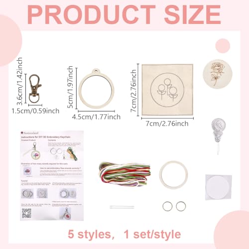 FREEBLOSS 5 Set Embroidery Keychain Kit with Mini Embroidery Hoops Stamped Mini Needlepoint Kit Cross Stitch Kits with Instruction for Beginners DIY Jewelry Pendant