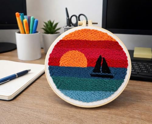 CELCRAFTIQUE Punch Needle Kits for Adults Beginner, Tool with Punch Needle Fabric, Hoops, Yarns and Sewing Needles (Style 3) - color: Sail At Sunset