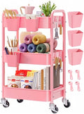 3 Tier Rolling Cart Metal with Lockable Wheels,Pink Baby Diaper Caddy Carts - color: Soft Pink, size: 3 Tier + Cups + Hooks
